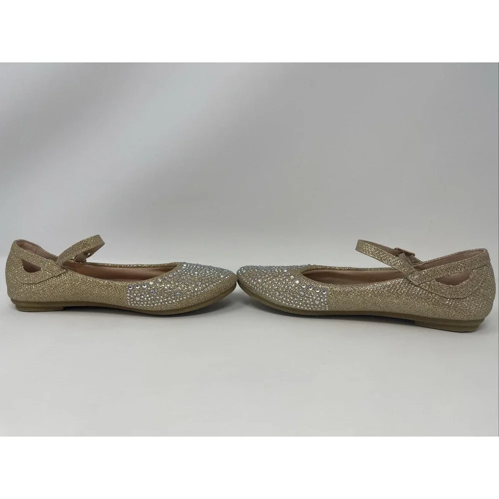 Girls Size 1 Gold Rhinestone‎ Encrusted Glittery Mary Jane Flat Dress Shoes
